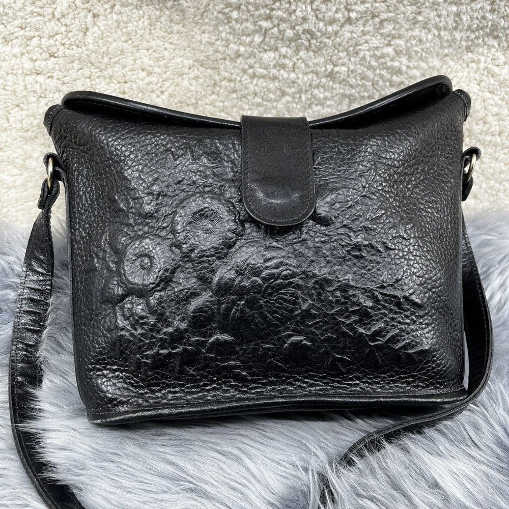 Vintage Tooled Black Leather Floral Crossbody Bag - Picture 2 of 10